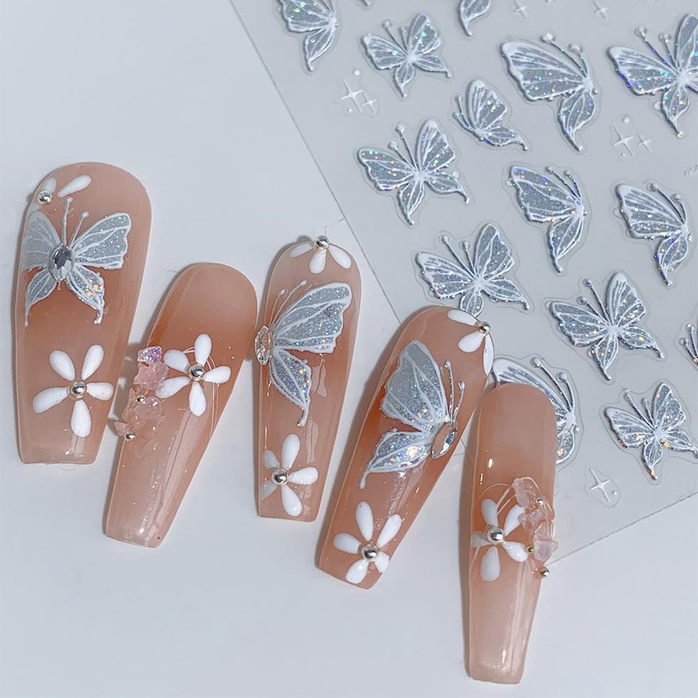 Aurora Muschel Schmetterling Nagelsticker Weiß Schmetterlinge Nail Sticker Gelee Relief Butterfly Nagelaufkleber Y2K Farfalle Nagel Sticker Nägel Nageldesign Nagel Zubehör Nail Art Stickers Nail art