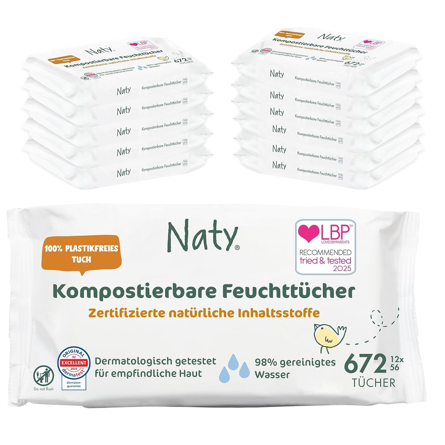 Salviette per neonati Naty | 100% privo di erbe e profumi per pelli sensibili | Salviette compostabili senza plastica e certificate con acqua purificata al 98% | 672 salviette (12 confezioni)