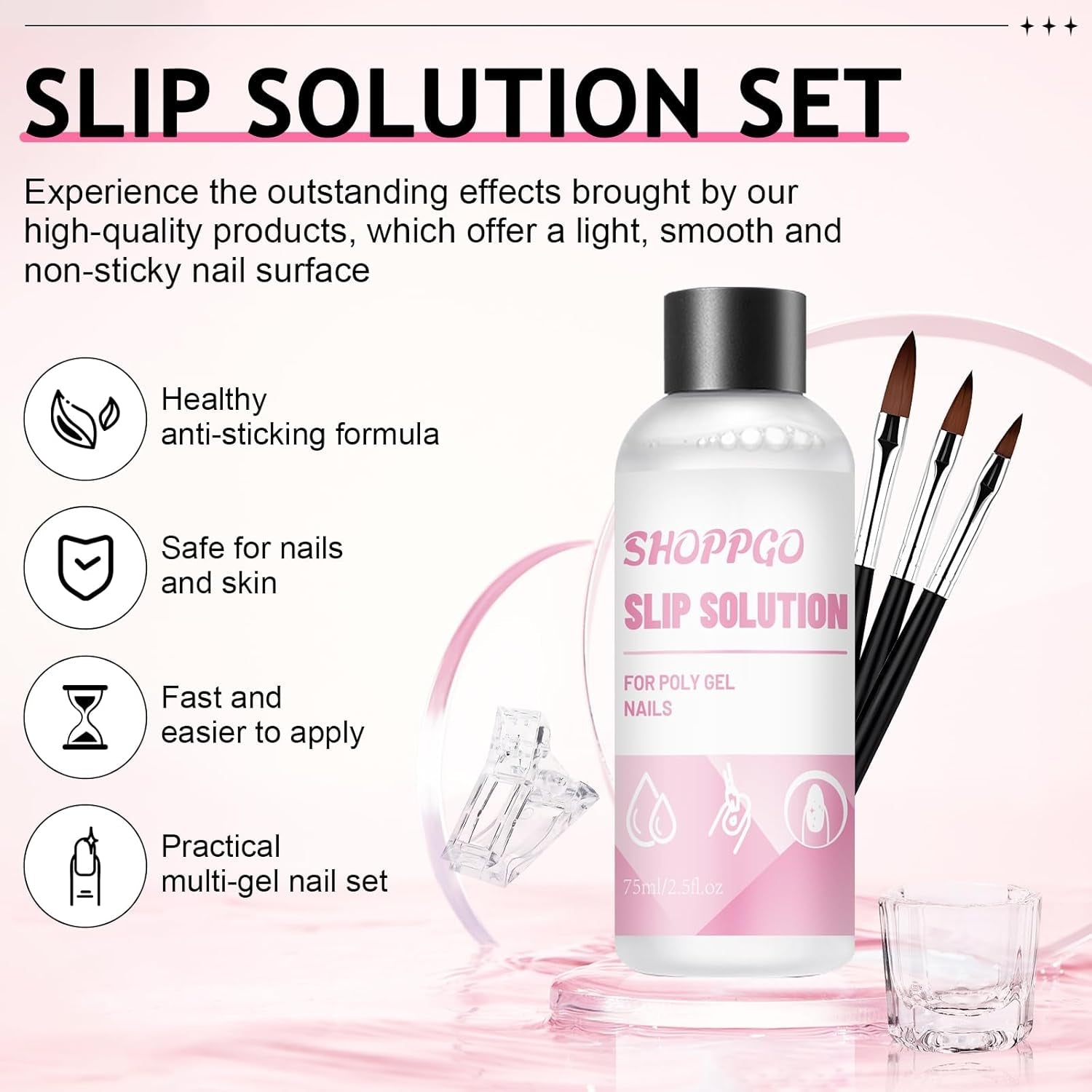 Soluzione per unghie Polygel, Kit per unghie Poly Gel Slip Solution, Soluzioni per unghie liquide Polygel da 75 ml, 5 clip per punte per unghie, 3 pennelli per unghie, 1 tazza di cristallo, 100 fogli di pulizia