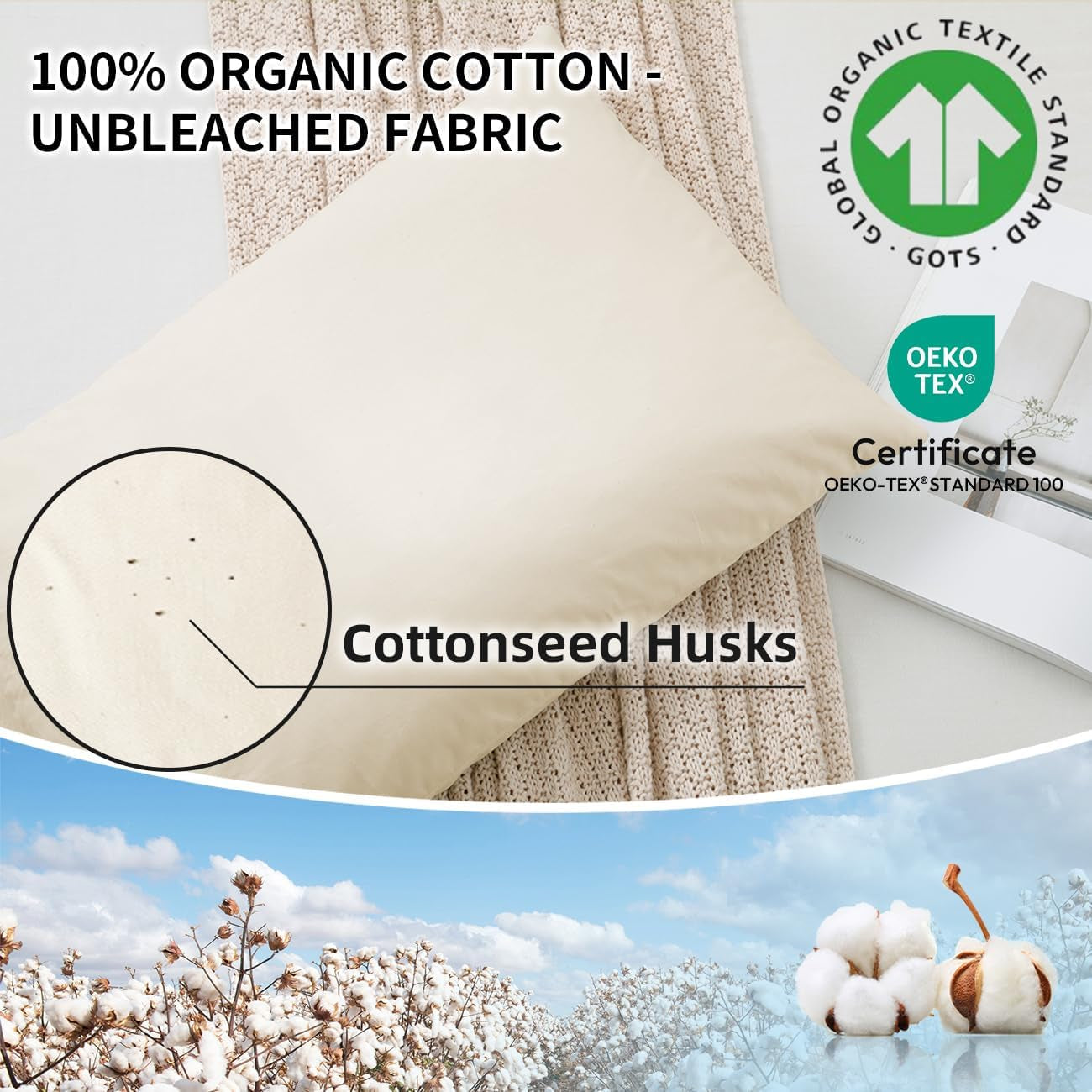 LOFE Cuscino per Dormire in Grano Saraceno Biologico 14"X 20" Regolabile Traspirante per il Sonno Fresco Supporto cervicale per chi dorme sulla schiena e sul fianco (scafi di grano saraceno tartaro) Naty Shop Cuscini Standard