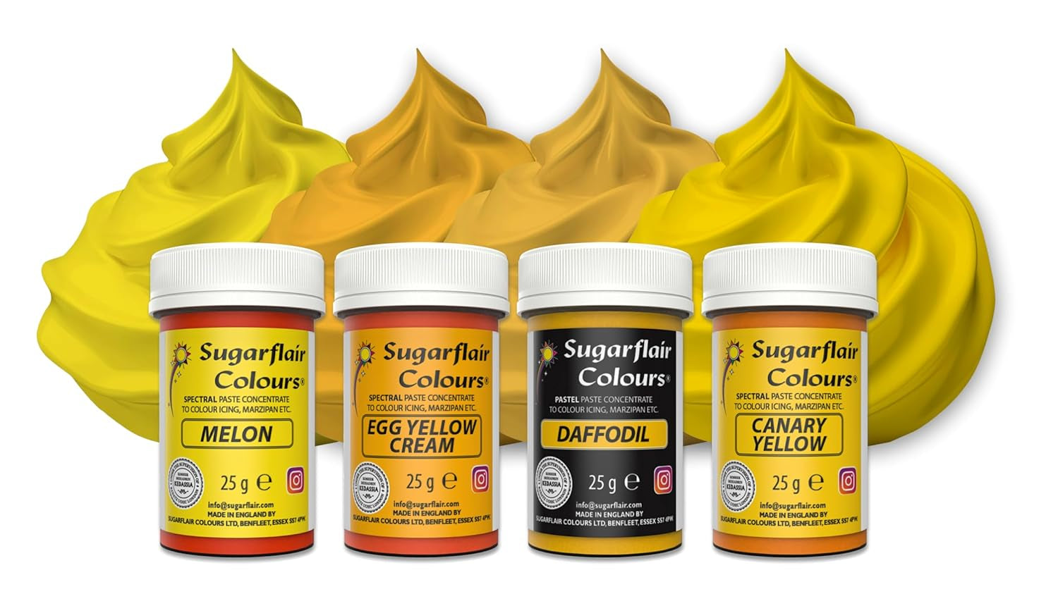 Sugarflair Pasta colorante alimentare giallo set da 4 pasta colorante alimentare fondente marzapane pasta di zucchero crema al burro e altro ancora: narciso giallo canarino crema uovo melone set da 4