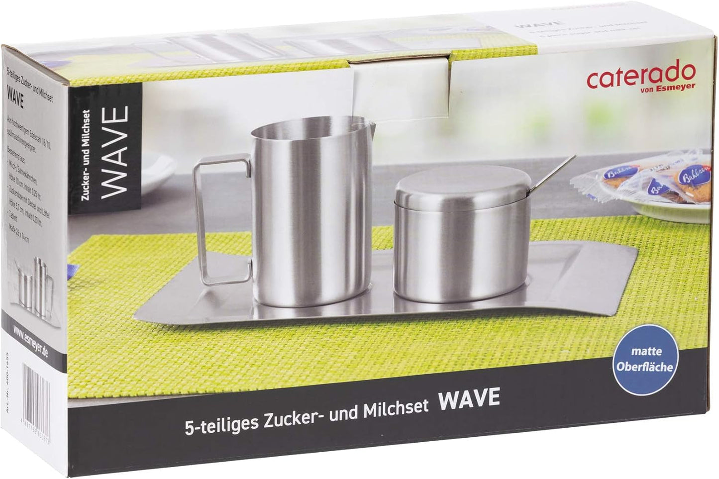 Set di 4 contenitori per latte e zucchero, modello Wave, 400-1655, realizzati in acciaio inossidabile 18/10 spazzolato. Il set è composto da un vassoio per ciascuno.
