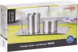 Set di 4 contenitori per latte e zucchero, modello Wave, 400-1655, realizzati in acciaio inossidabile 18/10 spazzolato. Il set è composto da un vassoio per ciascuno.