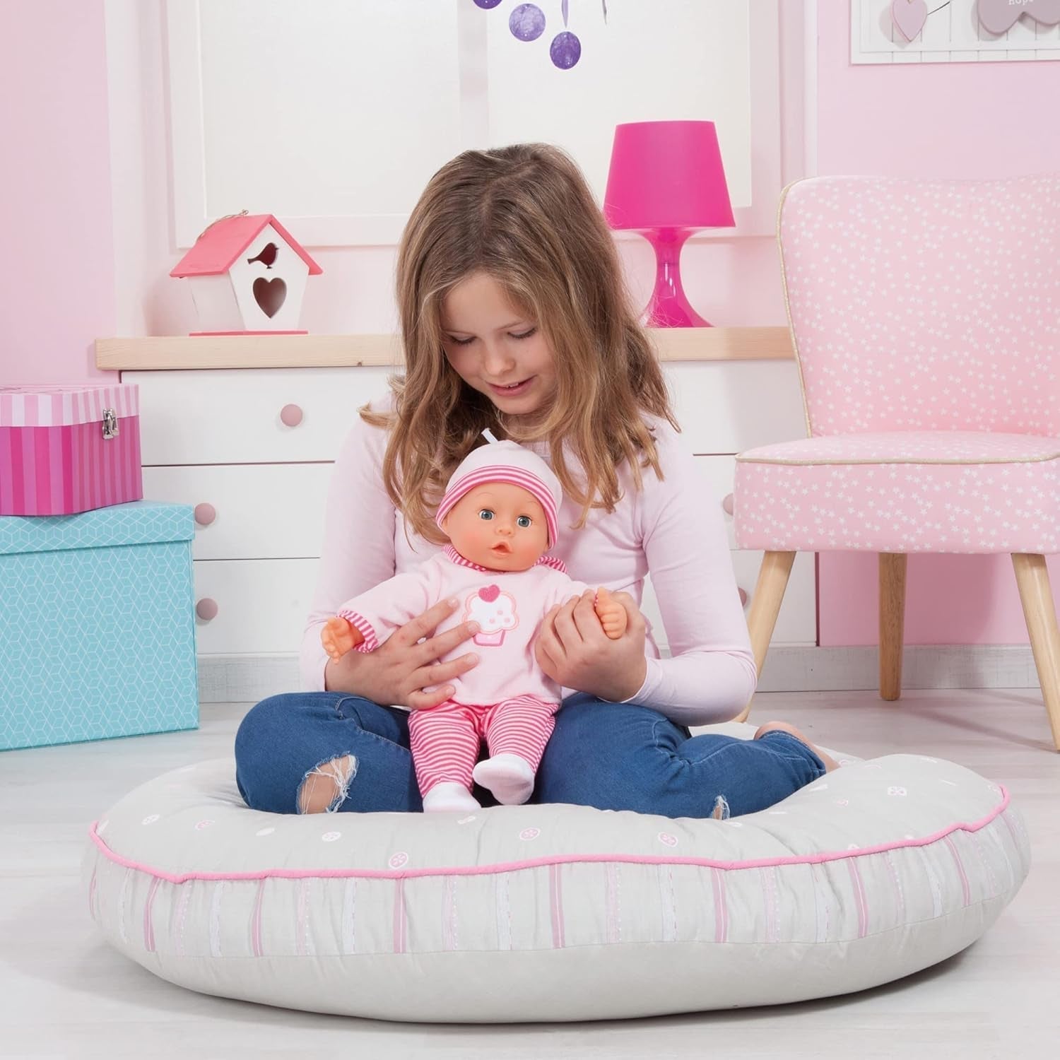 Bambola First Words con occhi assonnati, parla 24 suoni da bambino, con bambola e biberon, 38 cm, rosa/righe Naty Shop Dolls