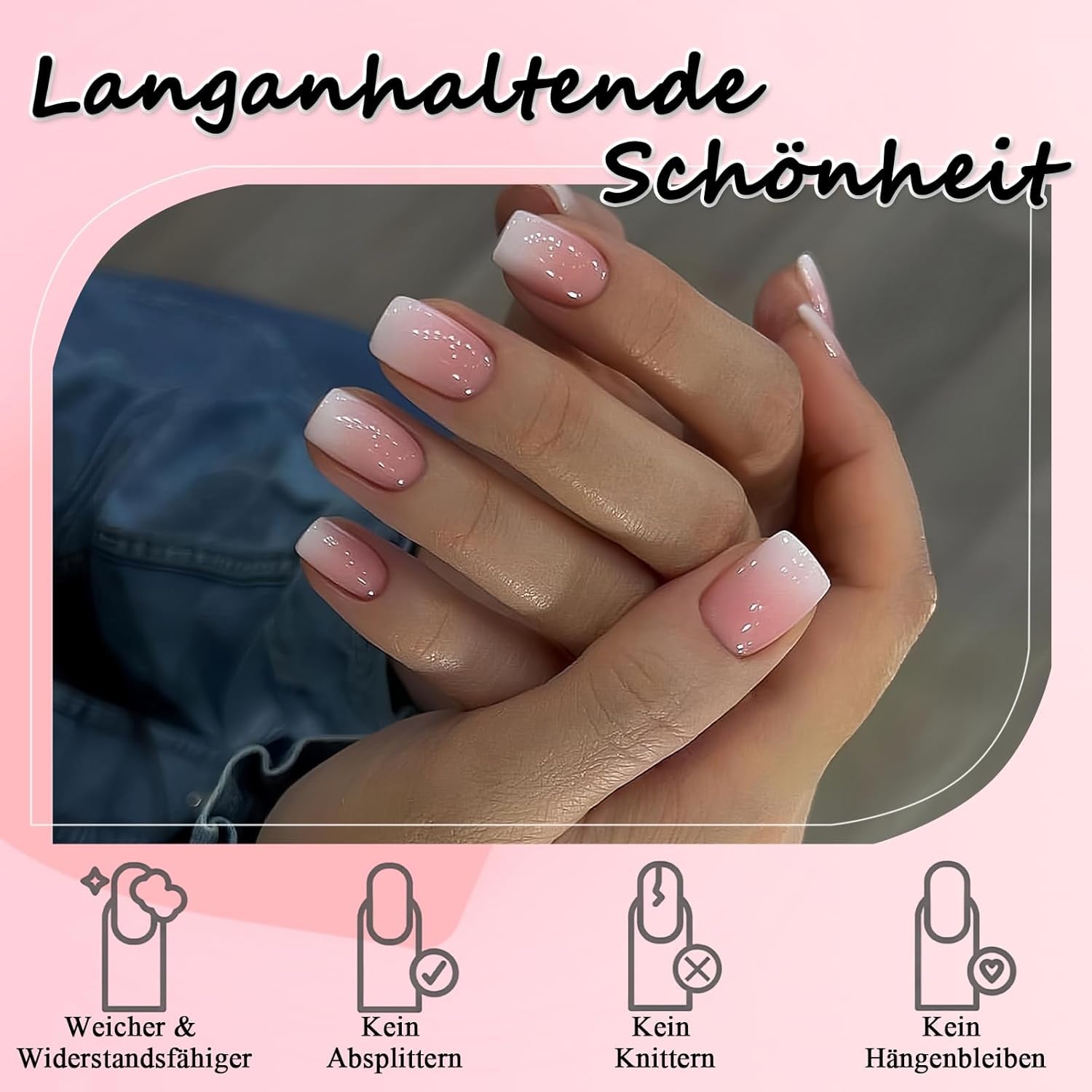 Kit per unghie finte da 360 pezzi - Unghie finte corte rosa nude sfumate bianche - Colla quadrata su unghie finte - Unghie autoadesive lucide a copertura totale per donne e ragazze (quadrate)
