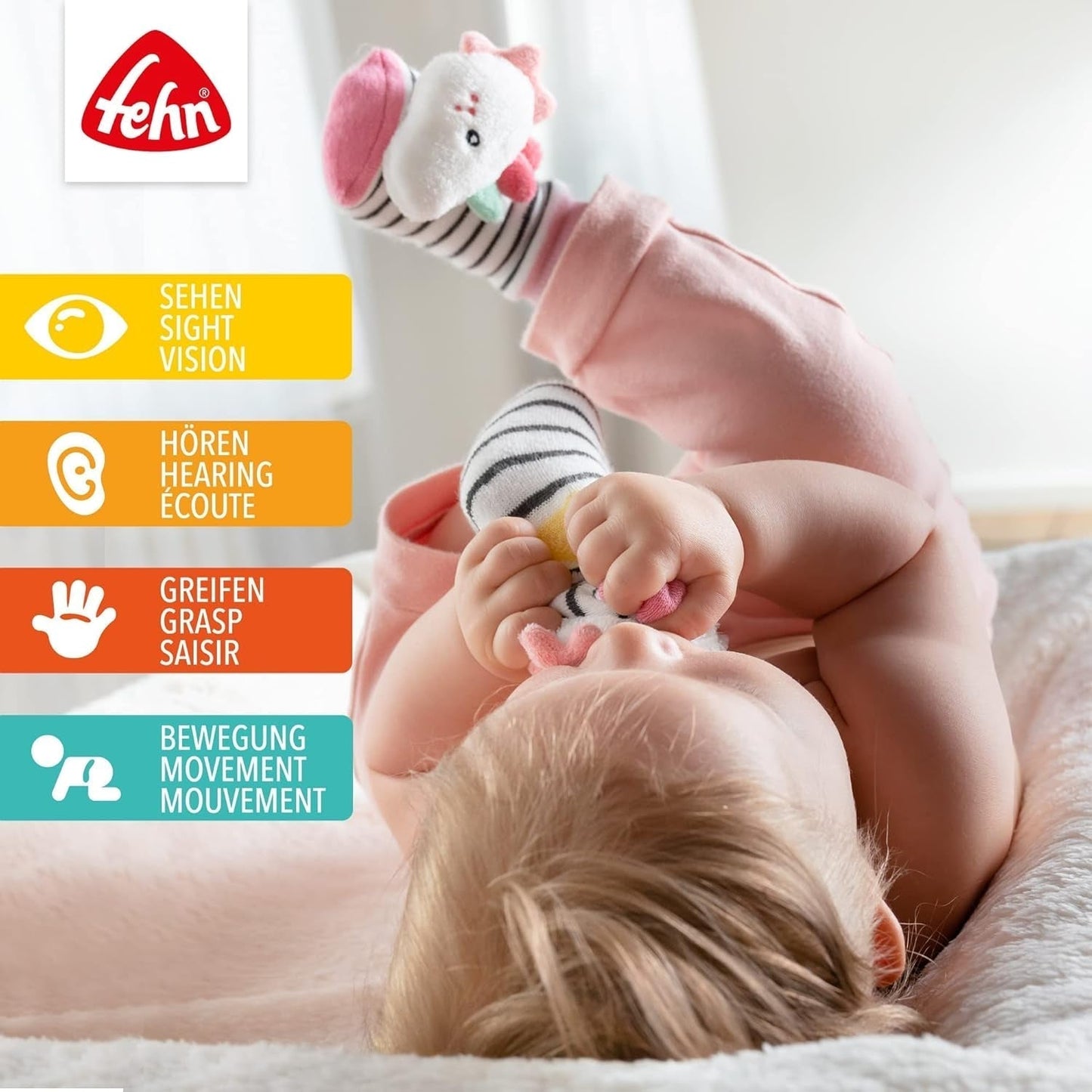 Fehn guanto da gioco safari - pupazzi da dito scimmia ed elefante e calzini a campana unicorno - calzini per bambini con funzione campana e testa di unicorno - stimolano le capacità motorie e i sensi Bebe Toys Naty Shop