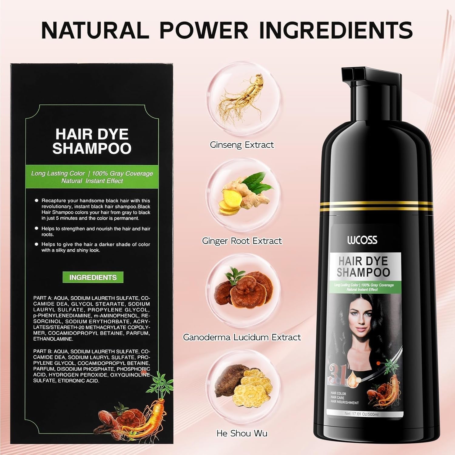 Shampoo istantaneo per capelli neri, Shampoo per tinture naturali per capelli, Copertura grigia al 100% - Facile e veloce, Colore semipermanente per capelli neri, Shampoo per tinture per capelli per uomini e donne Tinture per capelli Naty Shop