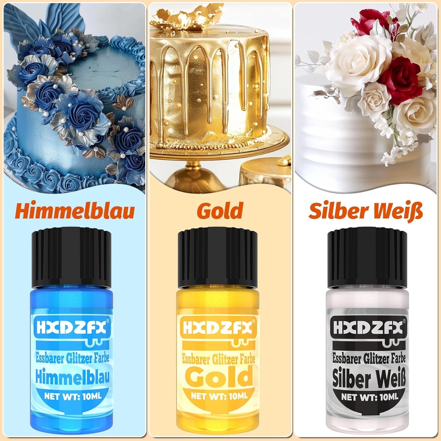Essbarer Glitzer - 3 Torten Kuchen Deko Essbare, Metallic Lebensmittelfarbe Flüssiges, Glitter commestibili per muffin, cocktail, marshmallow - 10Ml Naty Shop