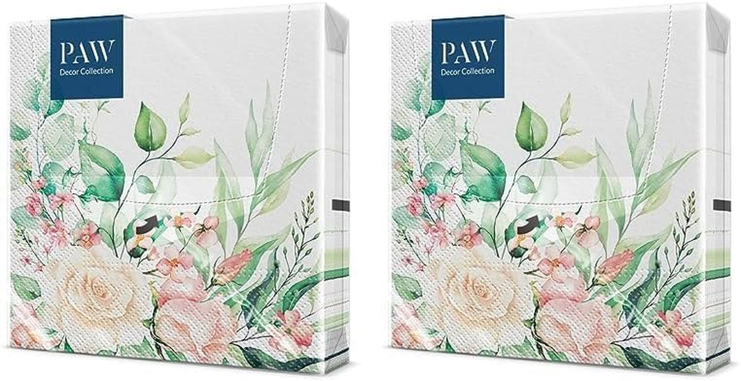 PAW - Tovaglioli 3 Veli (33 X 33 Cm) I 20 Pezzi I Perfetti per Compleanni, Feste, Matrimoni, Comunioni e Festività I Tovaglioli di Carta Colorata - Fiori, Rose I Colore: Momenti Floreali (Confezione da 2)