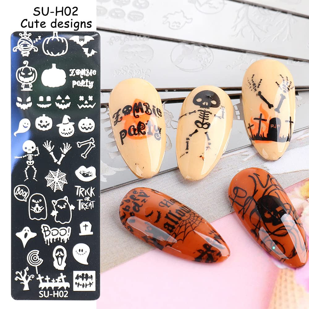 JMEOWIO Nail Stamping Stencil Halloween 6 pezzi Nagelstempel Stencil Nail Art Dekoration Nageldesign Zubehör Böse Gruselige Kürbis-Geisterhexe