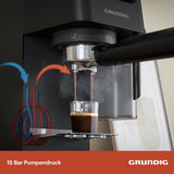 Macchina per caffè espresso portafiltro GRUNDIG KSM 5330 con contenitore del latte integrato, potenza 1628 W, pressione della pompa 15 bar, doppio ugello, display touch a colori, BrewSense, CreamyPro, Acciaio inossidabile scuro/Nero