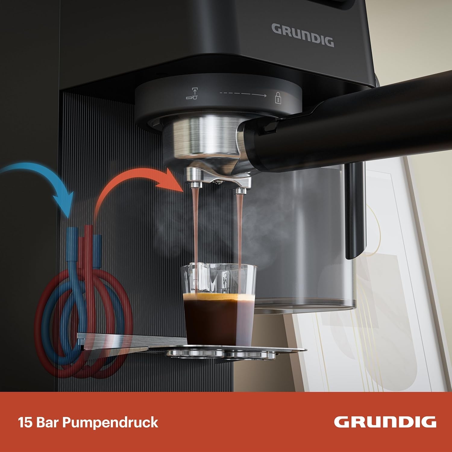 Macchina per caffè espresso portafiltro GRUNDIG KSM 5330 con contenitore del latte integrato, potenza 1628 W, pressione della pompa 15 bar, doppio ugello, display touch a colori, BrewSense, CreamyPro, Acciaio inossidabile scuro/Nero