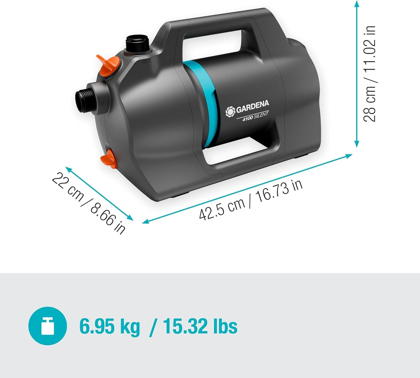 Set Pompa da Giardino Gardena 4100 Silent: Pompa per irrigazione Molto Silenziosa e Innovativa con Attacco di Aspirazione da 3,5 m e Tubo Classico da 20 m, Portata 4100 L/h, Motore da 550 W, Impermeabile, Economica (9051-20)