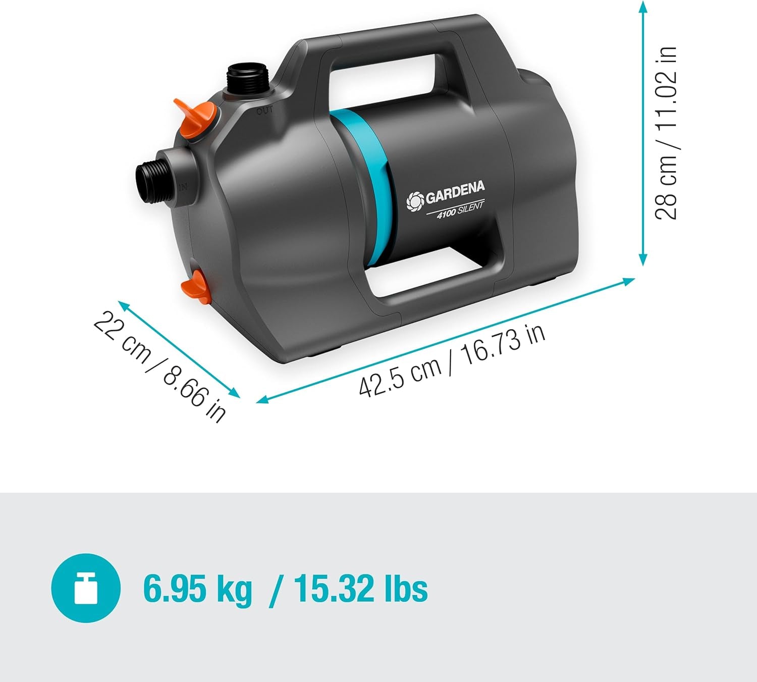 Set Pompa da Giardino Gardena 4100 Silent: Pompa per irrigazione Molto Silenziosa e Innovativa con Attacco di Aspirazione da 3,5 m e Tubo Classico da 20 m, Portata 4100 L/h, Motore da 550 W, Impermeabile, Economica (9051-20)