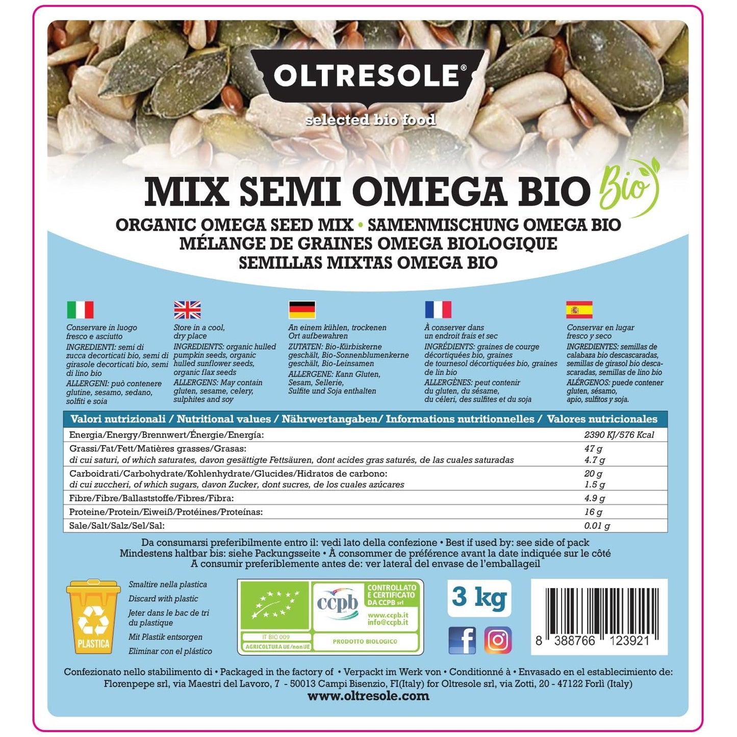 Organic Omega Seed Mix 3 kg (miscela di semi di zucca, girasole e lino), una miscela di 3 semi oleosi interi crudi, ricchi di proteine, fibre e acidi grassi omega-3