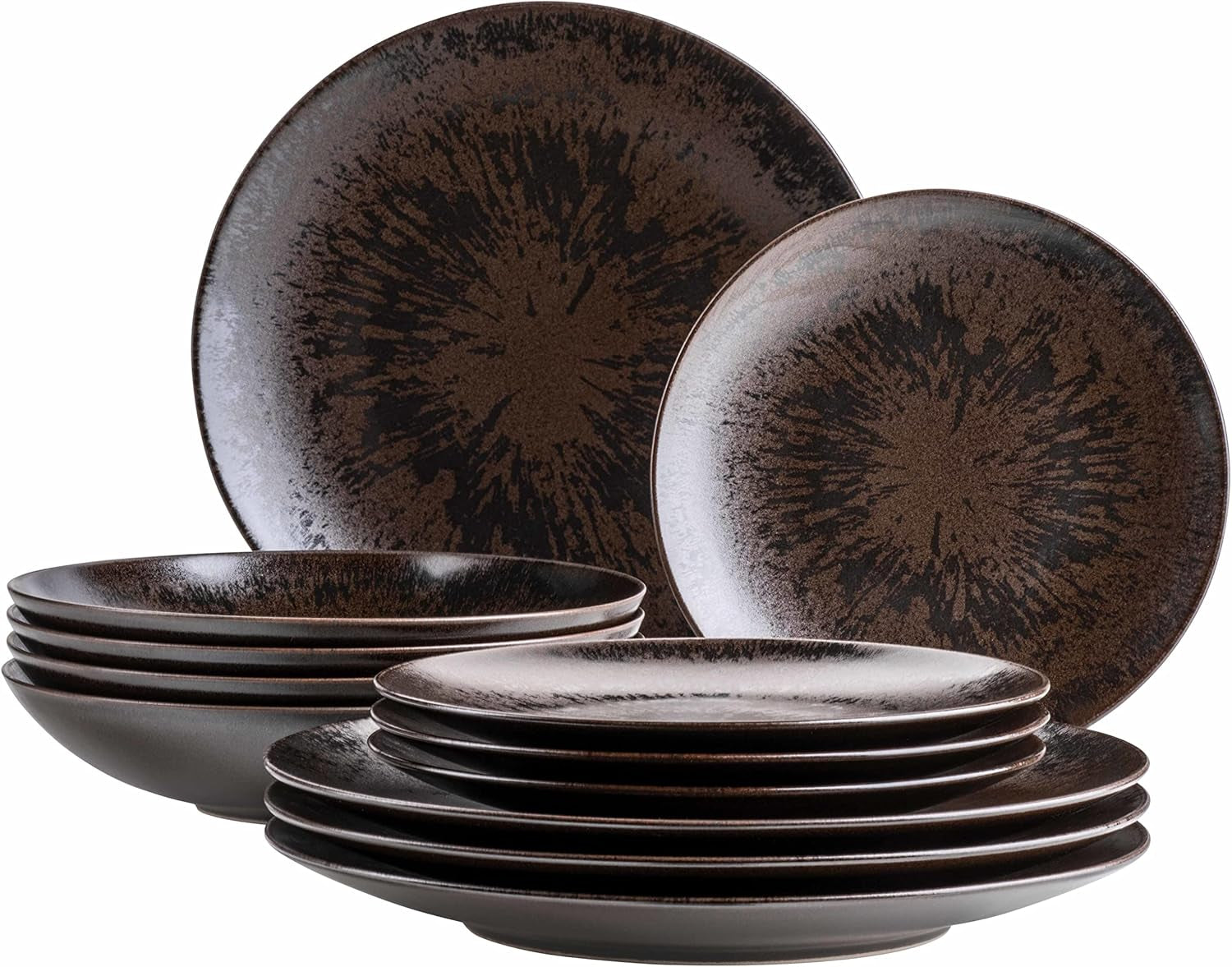MÄSER Servizio da tavola per 4 persone in bronzo metallizzato, 12 pezzi, con smalto elegante e lucido, set di piatti piani con piatto piano, piatto piano e piatto da dessert in ceramica di alta qualità, gres, marrone