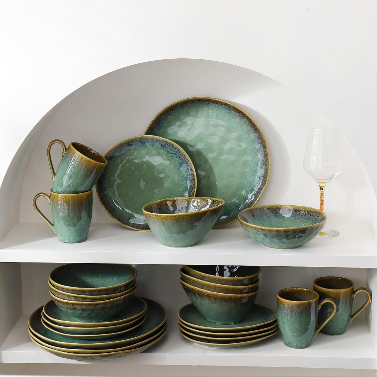 Henten Home Piatti speciali in gres, ciotole per snack e salse - 20x17 cm per 4 persone, piatti da colazione in porcellana - design moderno verde