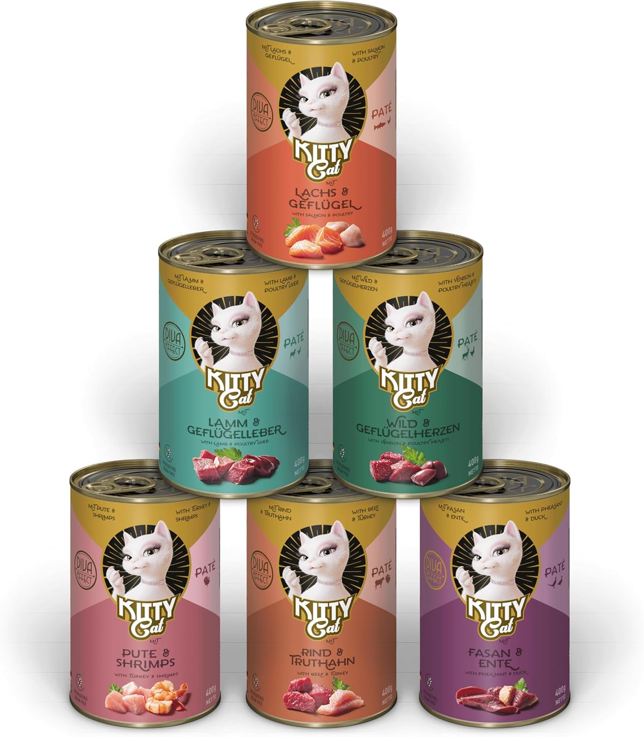 KITTY Cat Paté Mix 2, 6 x 400 g, cibo umido per gatti in confezione campione, cibo senza cereali con taurina, olio di salmone e cozze dalle labbra verdi, alimento completo con alto contenuto di carne, prodotto in Germania