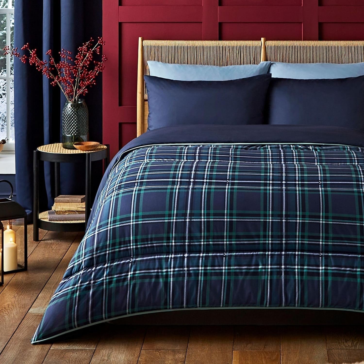Set piumone e federa Night Lark 10,5 Tog Letto singolo Biancheria da letto di lusso classica in tartan rosso Ipoallergenico lavabile in lavatrice Naty Shop Trapunte e piumini classici in tartan blu scuro Letto singolo