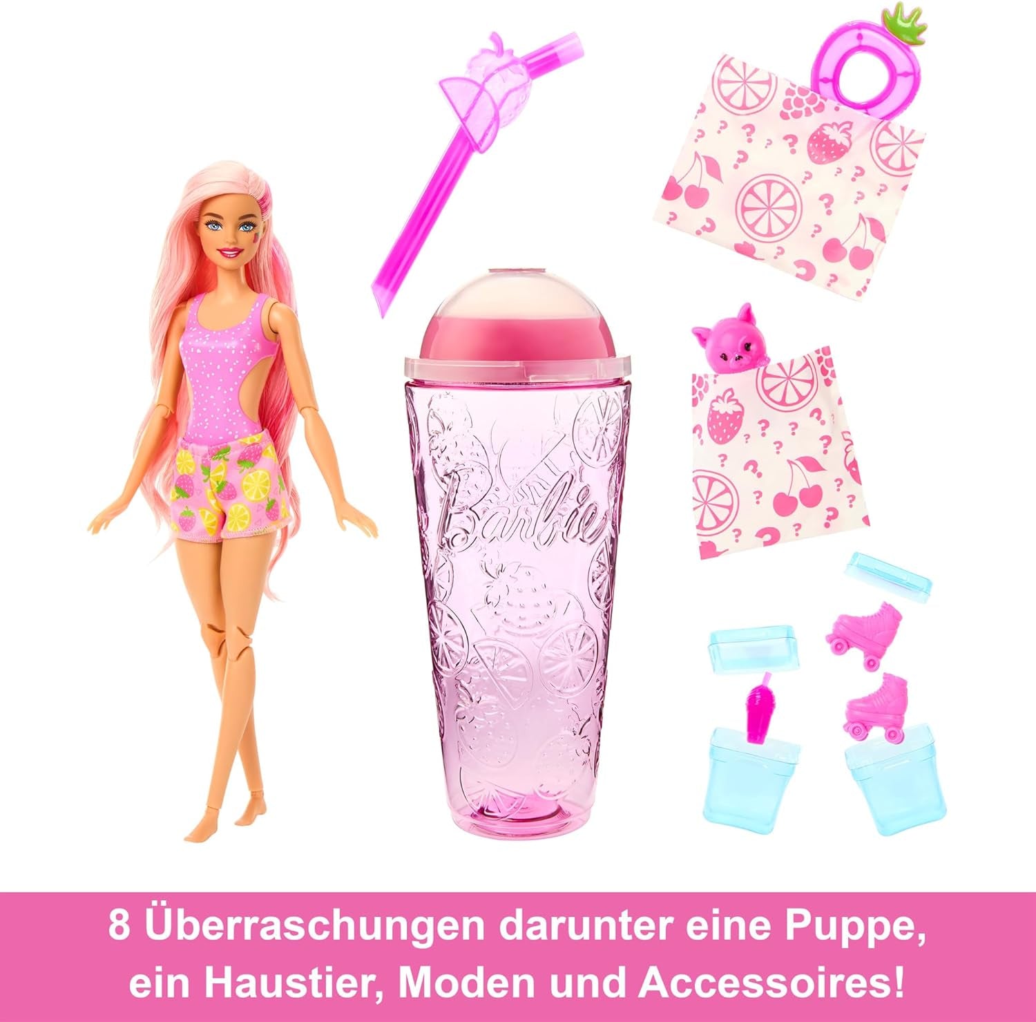 Barbie Pop Reveal Fruit - Bambole a sorpresa con 8 sorprese fruttate, tra cui una bambola posizionabile profumata alla fragola e limonata e un soffice cucciolo, dai 3 anni in su, HNW41