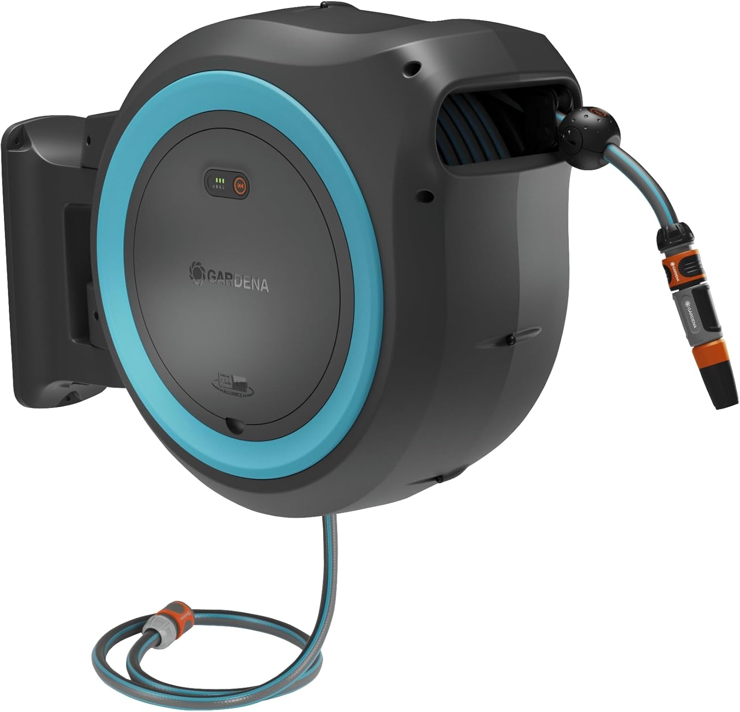 Gardena PowerRoll XXL Solo - Scatola portagomma a parete senza fili: avvolgitubo automatico con tubo da giardino da 40 m, guida tubo e RollControl, alimentato a batteria, resistente ai raggi UV e al gelo (18647-55)