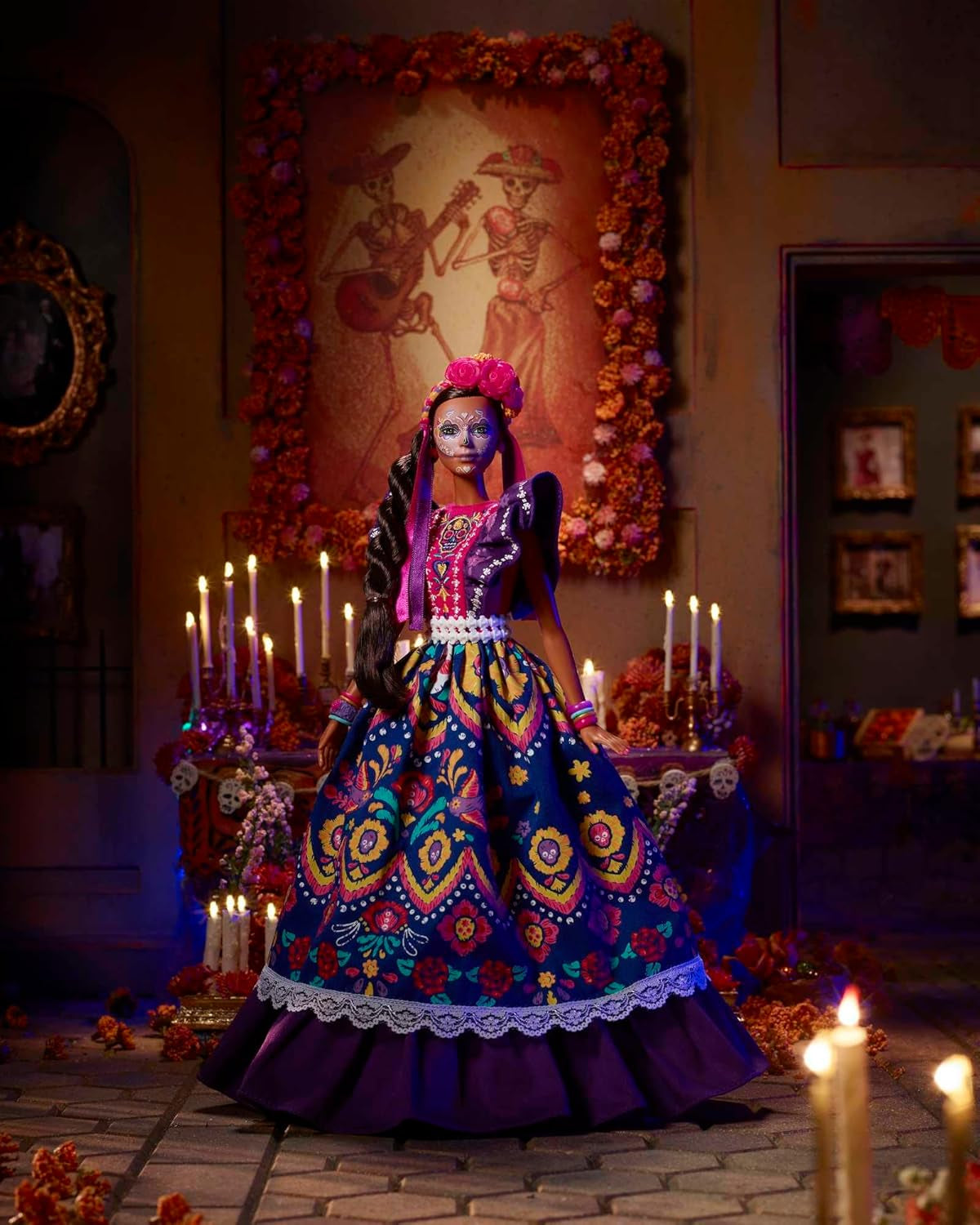 Bambola Barbie Día De Muertos 2022 con abito tradizionale arricciato, ghirlanda di fiori e pittura per il viso Calavera, regalo per collezionisti