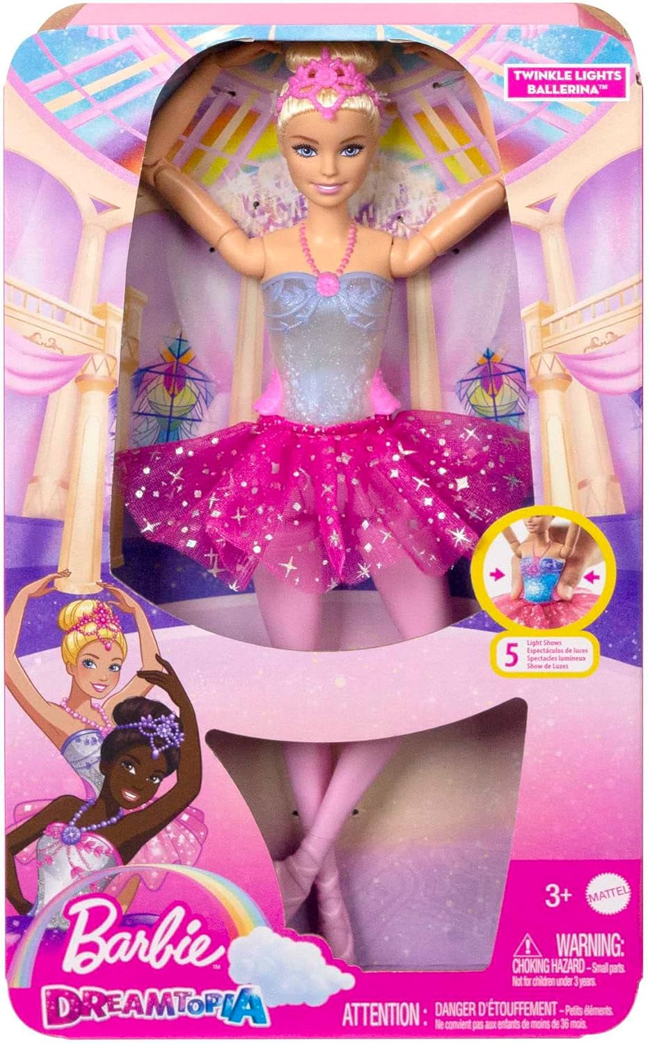 Barbie Dreamtopia Ballerina magica con luci, tutù rosa e capelli biondi, 5 effetti luminosi e sonori, Barbie posizionabile, dai 3 anni in su, HLC25
