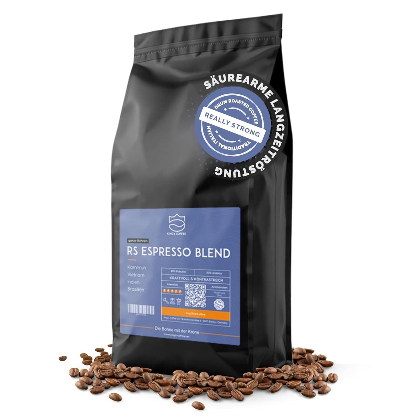 KING'S COFFEE - AMESTEC RS ESPRESSO - 1 kg di chicchi di caffè forti e aromatici - caffè a bassa acidità - caffè in grani interi - torrefazione in piccoli lotti dall'Italia - chicchi di caffè espresso per macchine completamente automatiche e macchine portafiltro