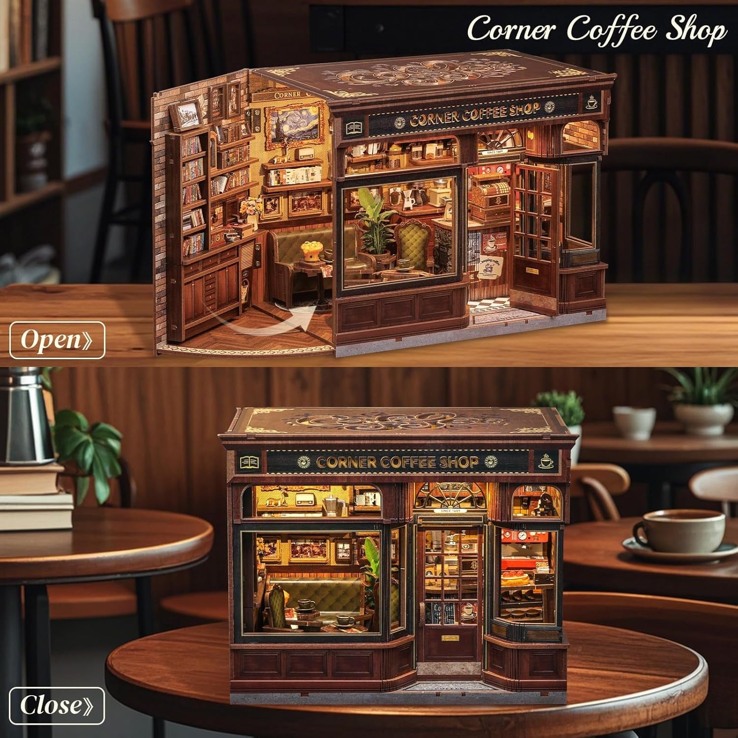 CUTEBEE Kit Angolo Libro - Case delle Bambole Fai-da-Te, Kit di Costruzione di Case in Miniatura Illuminate a LED per Adulti, Puzzle 3D in Legno e Supporto per Libri - Decorazione per Scaffale e Regalo (Corner Cafe)