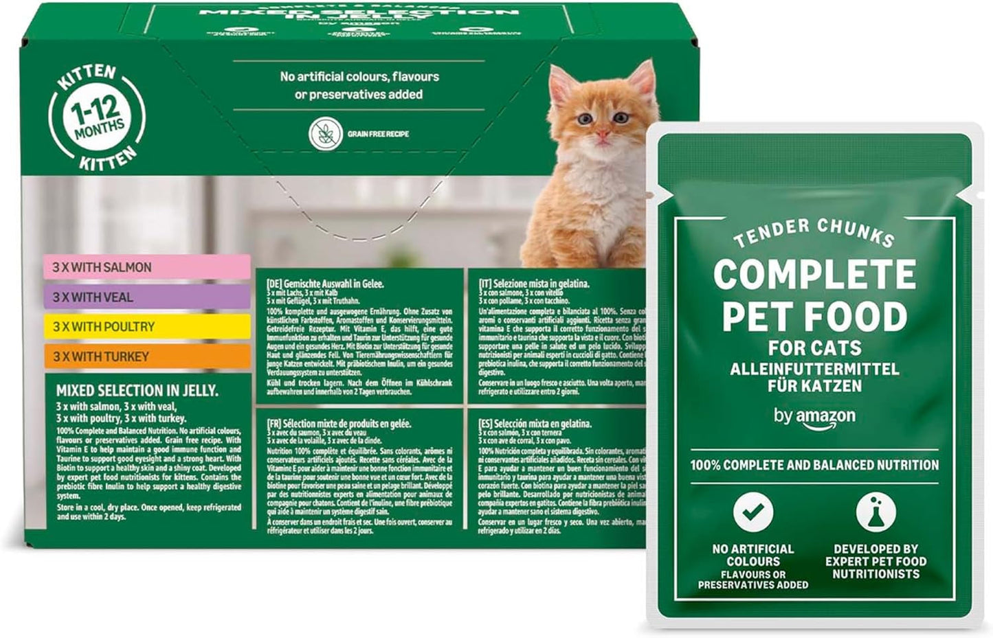 Amazon Mixed Selection Alimento umido per gatti giovani in gelatina da 1,2 kg (12 buste da 100 g)
