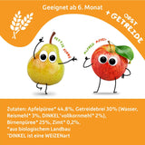 FRECHE FREUNDE Bustina di frutta biologica comprimibile Mela Cannella Pera Riso Farro Purea di frutta con cereali per bambini 6 mesi+ Vegan Confezione da 6 (6 x 100 g)