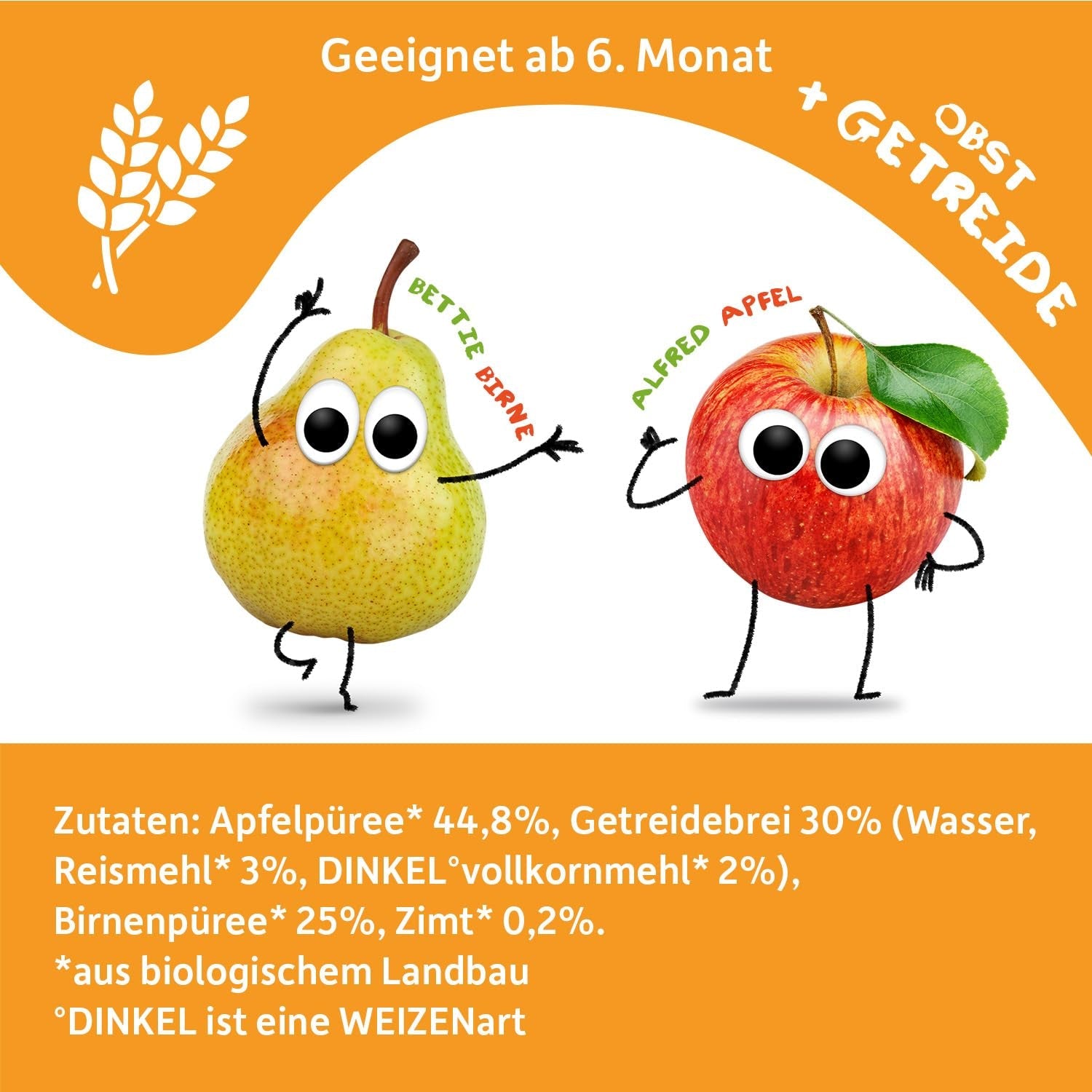FRECHE FREUNDE Bustina di frutta biologica comprimibile Mela Cannella Pera Riso Farro Purea di frutta con cereali per bambini 6 mesi+ Vegan Confezione da 6 (6 x 100 g)