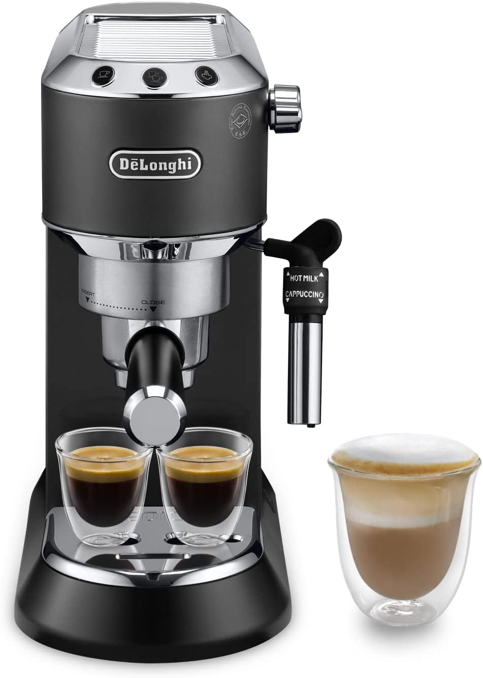 De'Longhi Dedica Style EC 685.B – Macchina per caffè espresso con portafiltro, macchina per caffè espresso con montalatte professionale, larga solo 15 cm, per caffè macinato o capsule ESE, serbatoio acqua 1 l, nera
