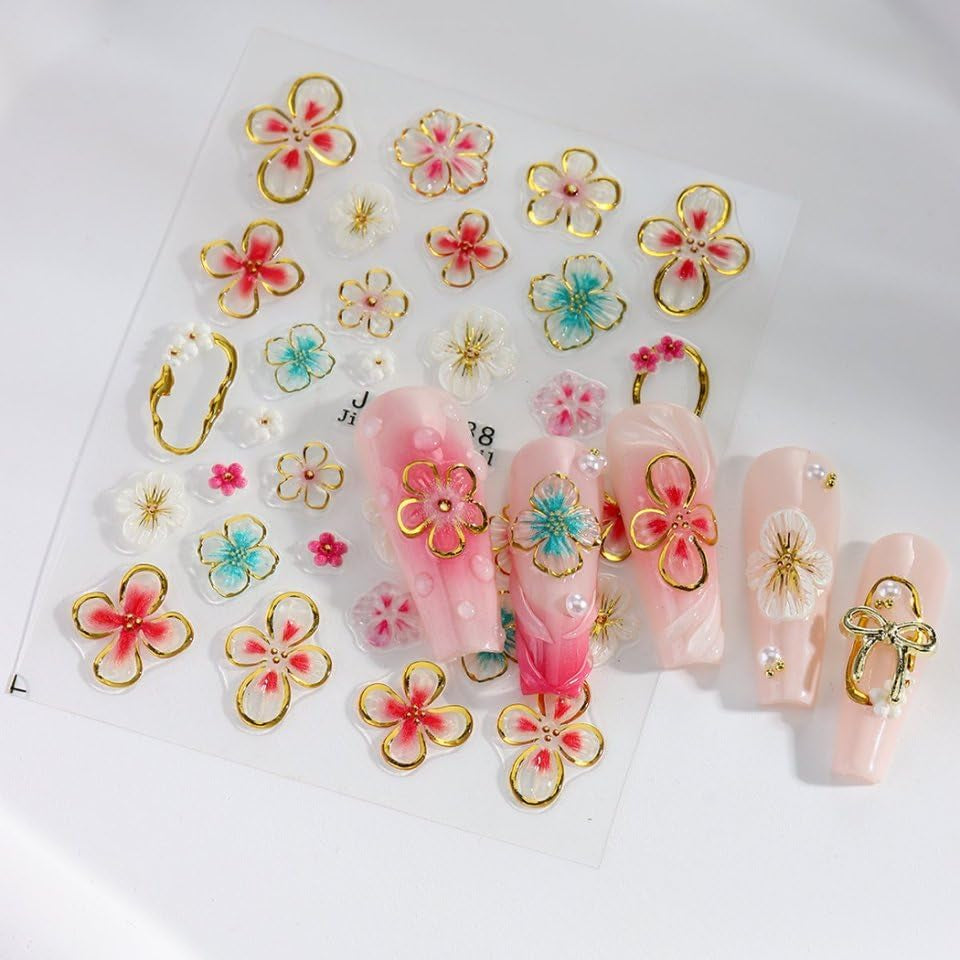 JMEOWIO 3D Nagelsticker Fiore colorato Nail Art Sticker Selbstklebend Nagelaufkleber 5D Stereoscopico Decorazione floreale primavera estate Nageldesign Zubehör 4 Blatt