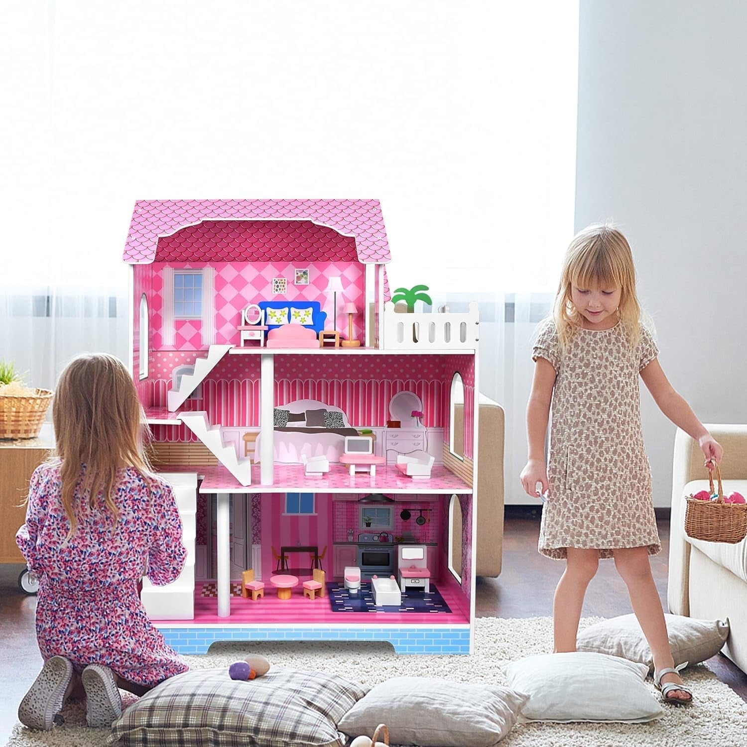 HENGMEI Puppenhaus Kinder Holz Puppenvilla Dollhouse Set Mädchen Spielset 3 Etagen Haus mit Möbeln und Zubehör, 70x30x100cm Puppenhäuser für Kinder (Tipo B)