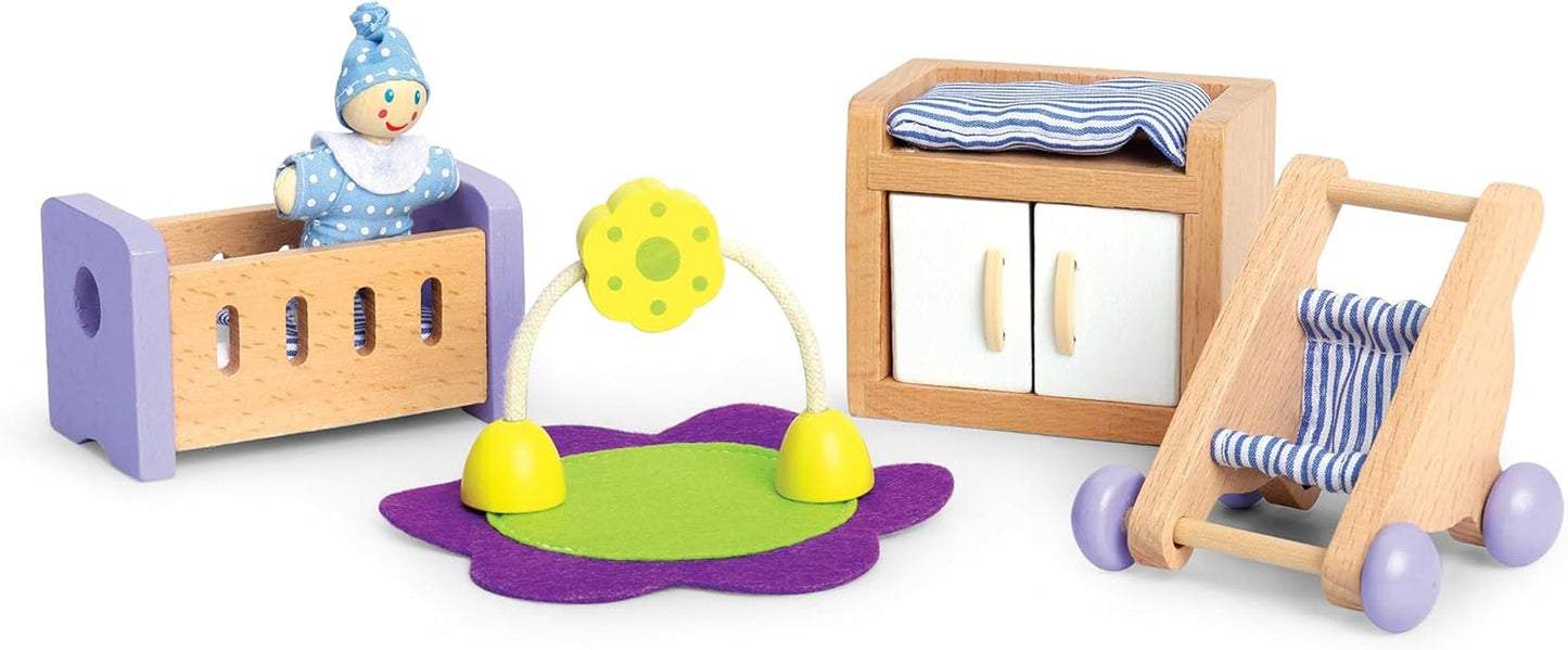 Hape Cameretta per Bambole - Set per Cameretta per Bambole in Legno, Mobili per Bambole, Accessori per Casa delle Bambole per Bambini, Cameretta per Bambini in Miniatura con Altalena e Accessori, Gioco di Ruolo di 3 Anni