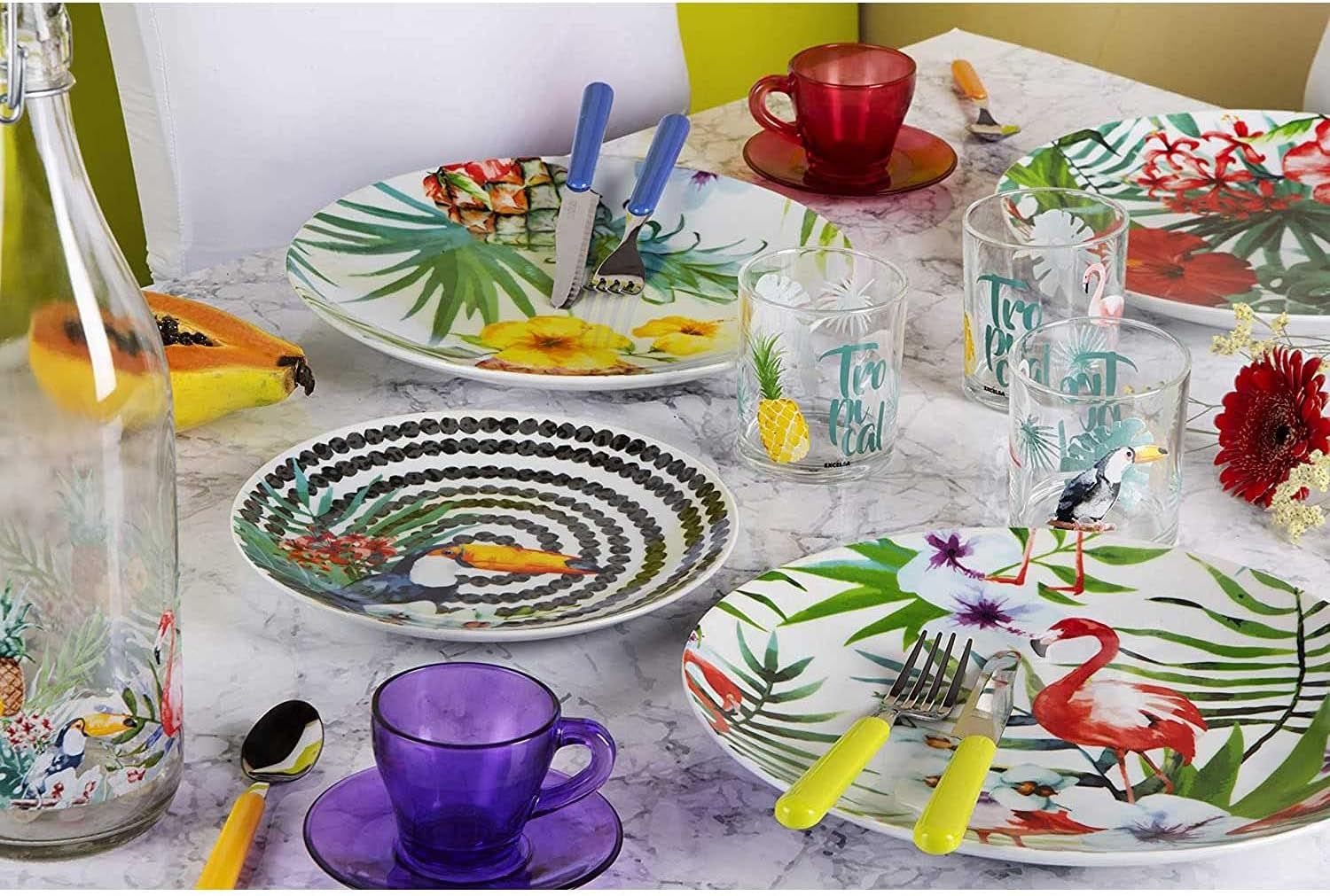Set di piatti Excelsa Tropical Chic, 18 pezzi, Porzellan, mehrfarbig