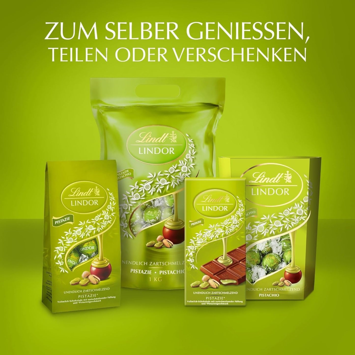Lindt LINDOR Cioccolato al Pistacchio | Busta richiudibile da 1 kg | ca. 80 palline di cioccolato al latte con ripieno di crema al pistacchio che si scioglie in bocca | Confezione sfusa, regalo pralinato