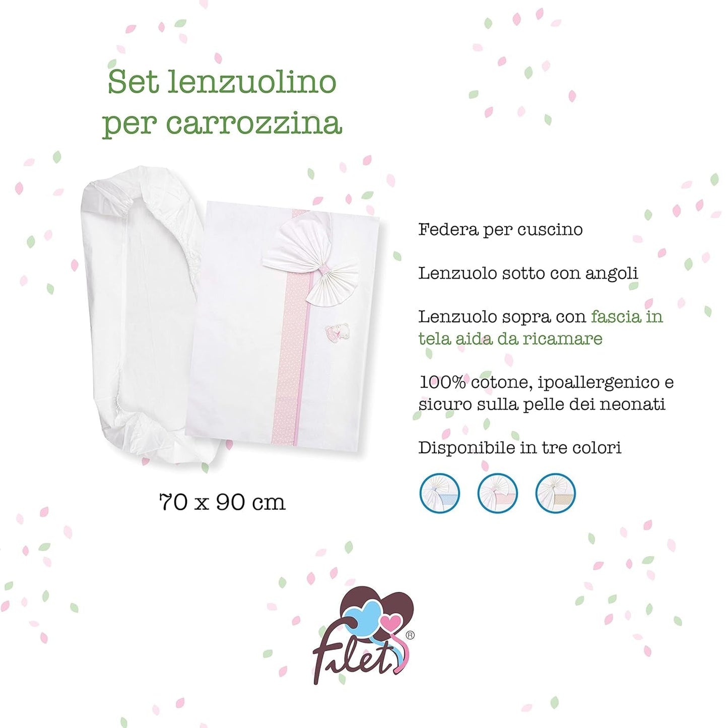 Completo lenzuola navicella bianco e rosa, composto da 1 lenzuolo con angoli, 1 lenzuolo sopra con nastro Aida per ricamo e 1 federa, 100% cotone, Trapunte e trapunte Made in Italy Naty Shop