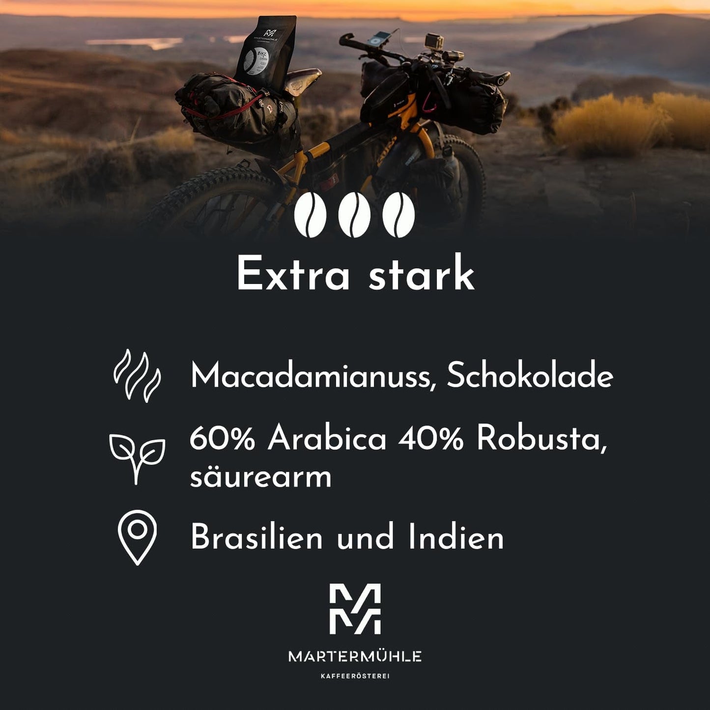 Chicchi di caffè espresso Martermühle Bike 500g Strong | Arabica/Robusta | Gusti: Noci di macadamia, cioccolato al latte | Chicchi di caffè espresso interi tostati leggermente, bassa acidità