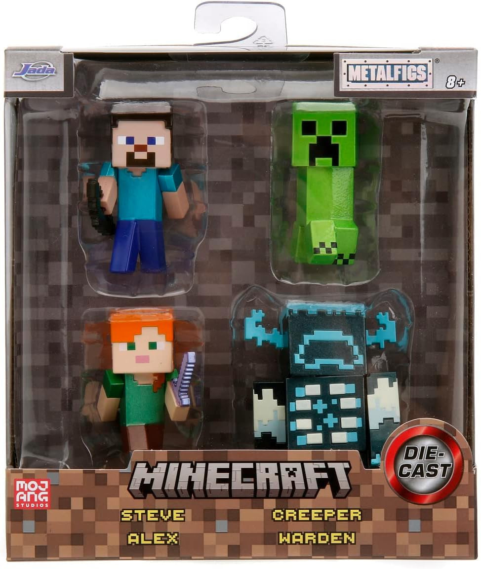 Jada Toys Set di personaggi Minecraft (4 pezzi) in metallo - Personaggi da collezione Minecraft Caves & Cliffs (Steve, Alex, Creeper e Warden) Per giocatori e collezionisti 8+ 6 cm ciascuno Action Figure Naty Shop Titolo predefinito