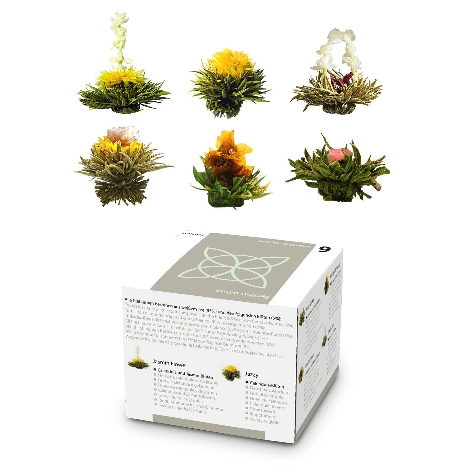 Feelino Elegante scatola mista da 6 pezzi - Feelino fiori di tè bianchi in una splendida confezione da degustazione e regalo con 6 diverse rose di tè bianche, confezionate singolarmente sottovuoto, confezione da 1 pezzo