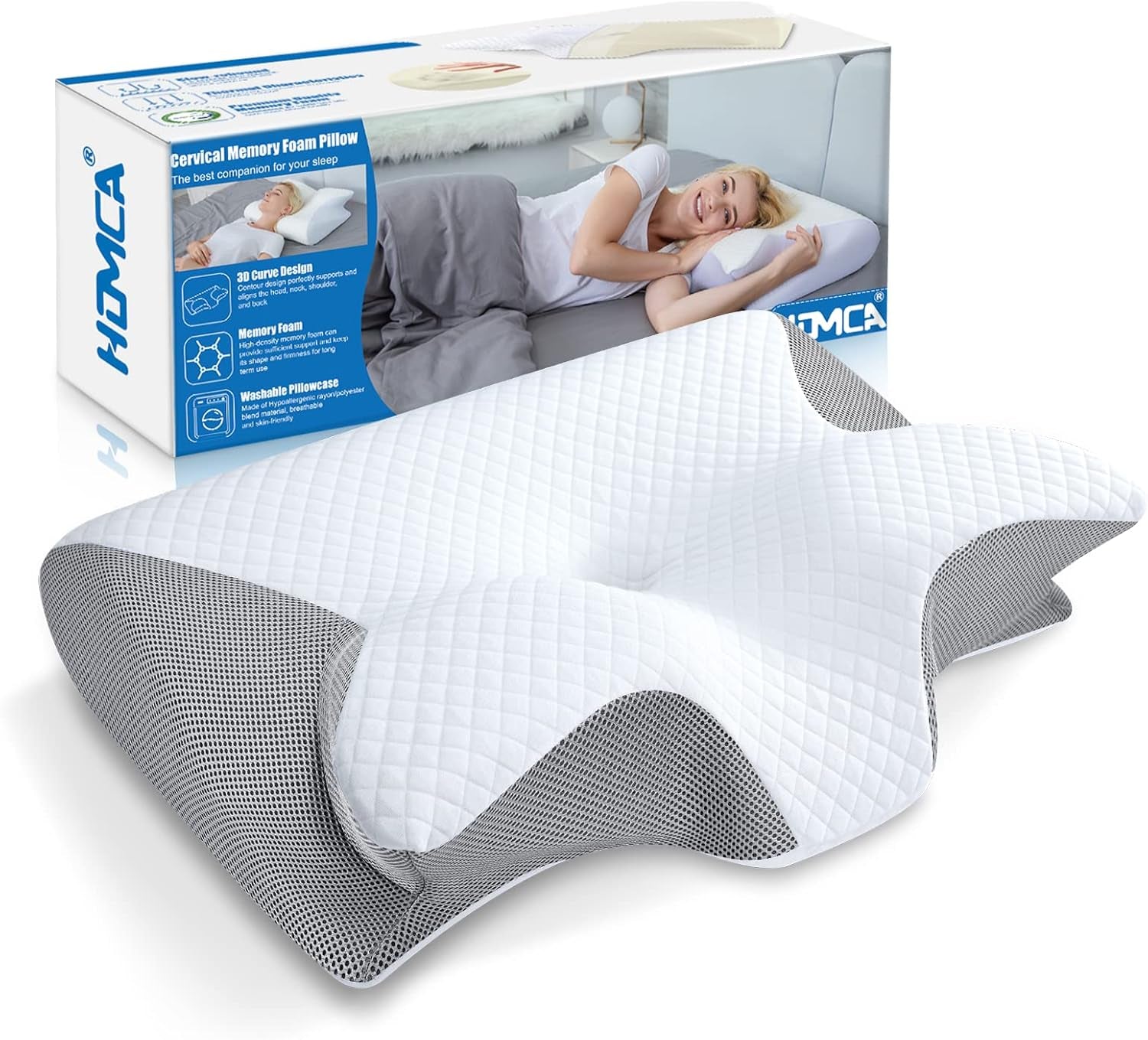 HOMCA Cuscino per Collo Ortopedico Cuscino in Memory Foam 2 in 1 Cuscino per Supporto per Collo Cuscino per Testa ergonomico per Dolori Schiena, Fianchi e Addominali 60 X 13/11 X 40 cm Cuscini Ortopedici Cervicali Naty Shop Grigio