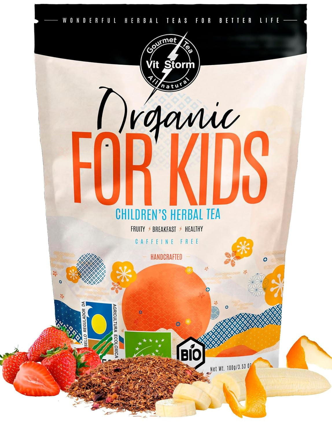VITSTORM® BIO TEE Mom & Kids - Tisane per donne e allattamento - Rooibos, mela, finocchio, melissa, alchemilla, fragola - Tisane rilassanti - Fruttato e delizioso - Senza caffeina - Tisana 100 g