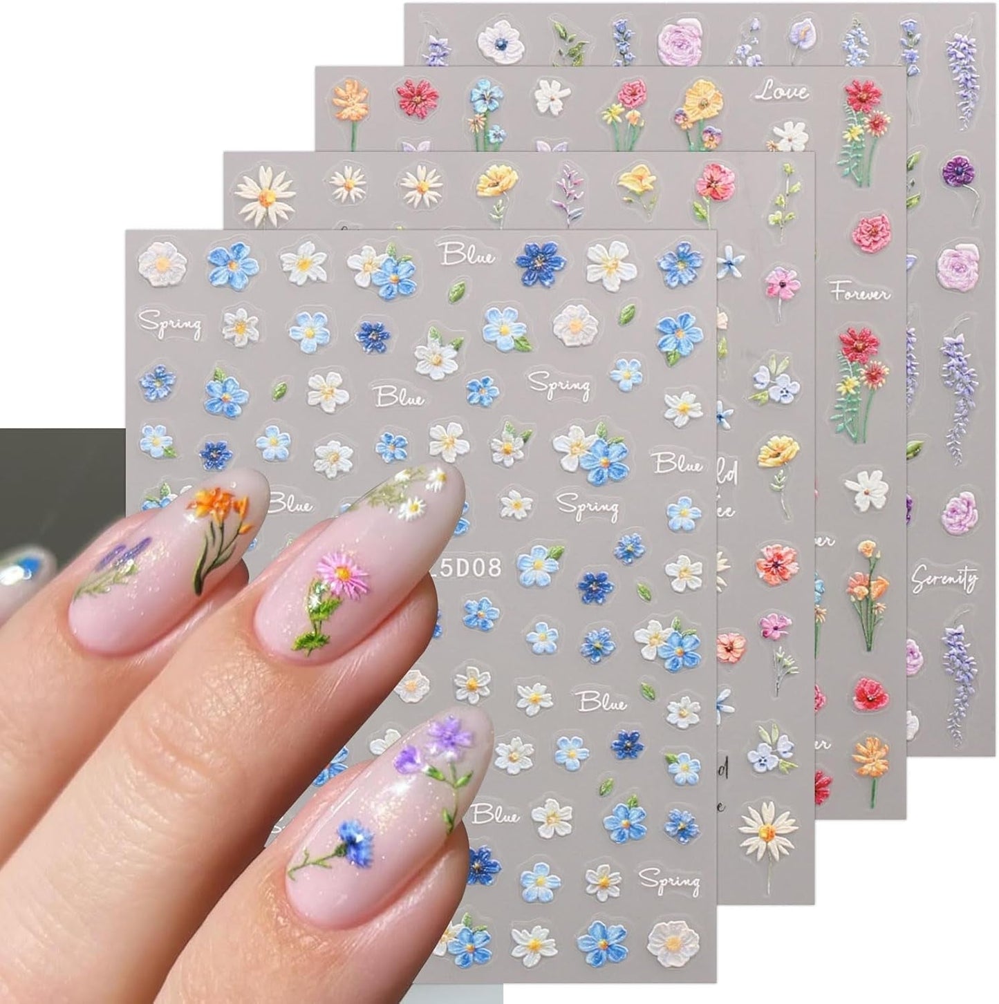 JMEOWIO 3D Nagelsticker Blumen Nail Art Sticker Selbstklebend Nagelaufkleber 5D Stereoscopico Frühling Sommer Blumen Dekoration Nageldesign Zubehör 4 Blatt