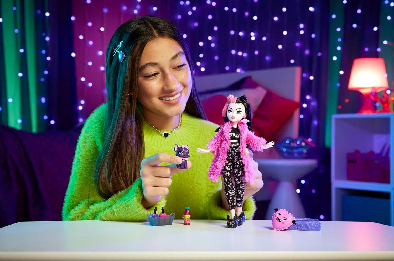 MONSTER HIGH Accessori per bambole e pigiama party Draculaura Bat Count Fabulous Doll Pet Creepover Party HPY66 Naty Shop Dolls
