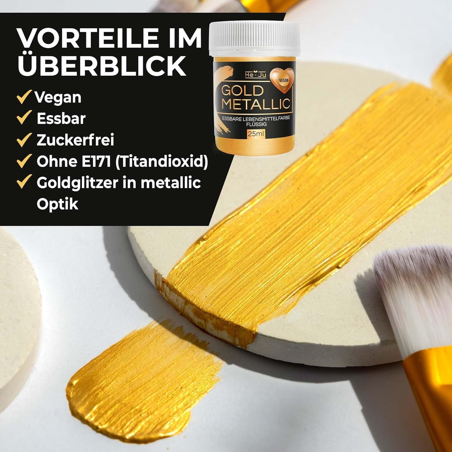 He-Ju Colorante alimentare liquido oro metallizzato 25 ml, glitter commestibile per bevande e alimenti (Oro metallizzato, 25 ml)