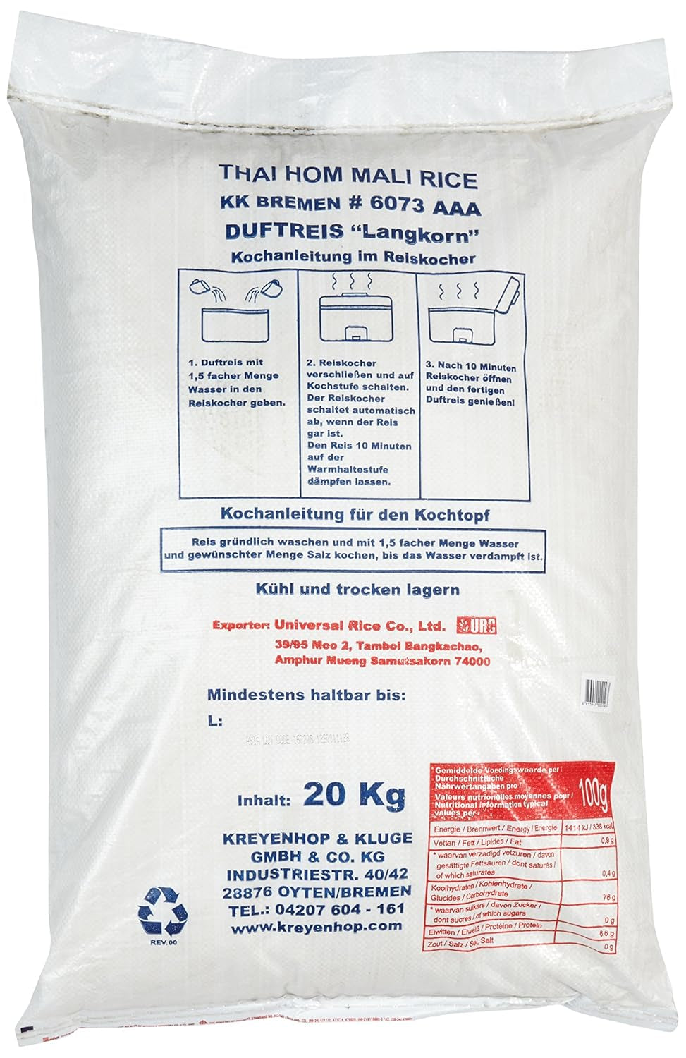 Riso profumato Aroy-D, 100% riso a chicchi lunghi, 1 confezione (1 x 20 kg)