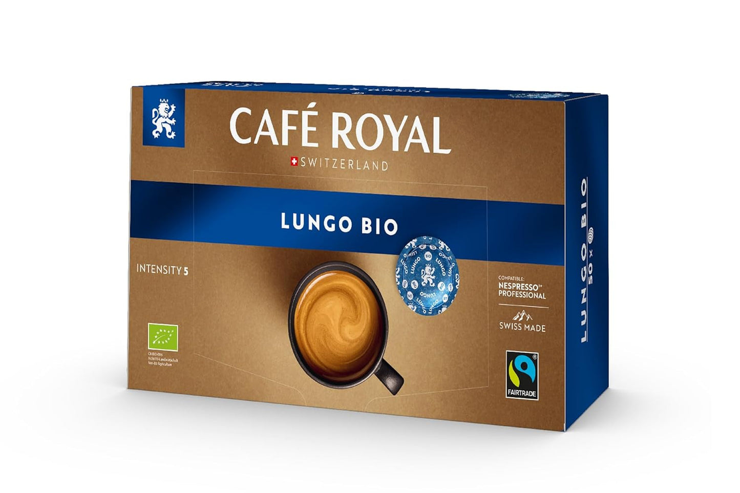 Café Royal Professional Pads, Bio Lungo, 50 cialde compatibili Nespresso (R) Professional per ufficio e gastronomia, bio e commercio equo e solidale zertifiziert, 100 centesimi di Arabica, intensità 5