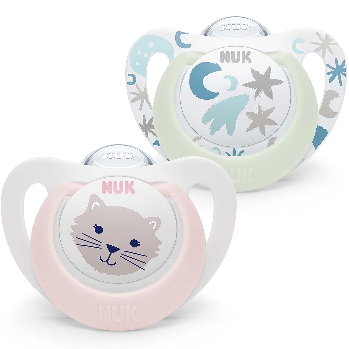 Ciuccio per bambini NUK Star Night & Day 0-6 mesi che si illumina al buio, in silicone rosa, senza BPA, confezione da 2